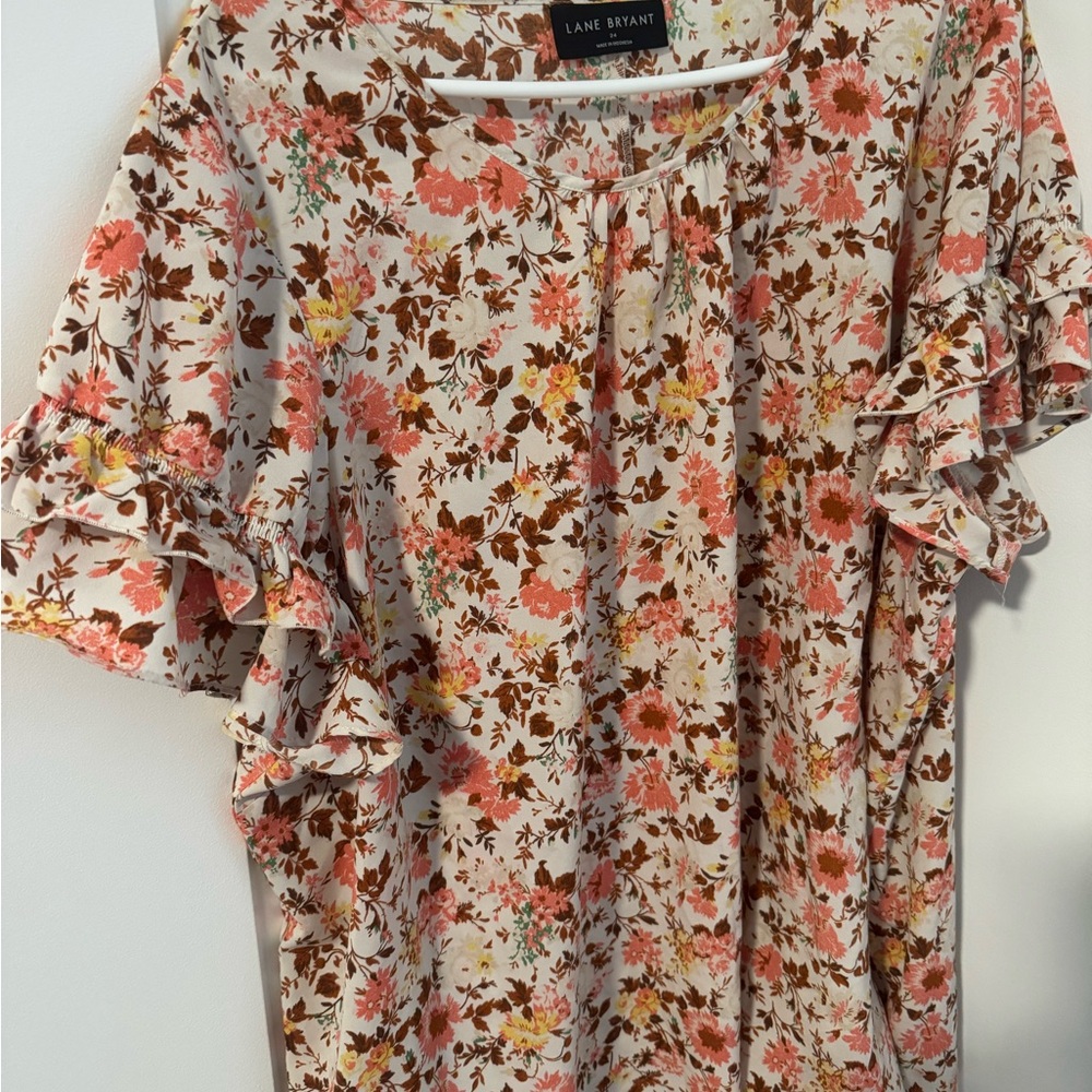 Lane Bryant Floral Blouse with Ruffle Sleeves - Pink and Brown